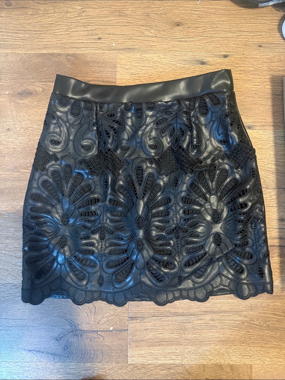 Black Floral Lace Mini Skirt with Faux Leather Waistband
